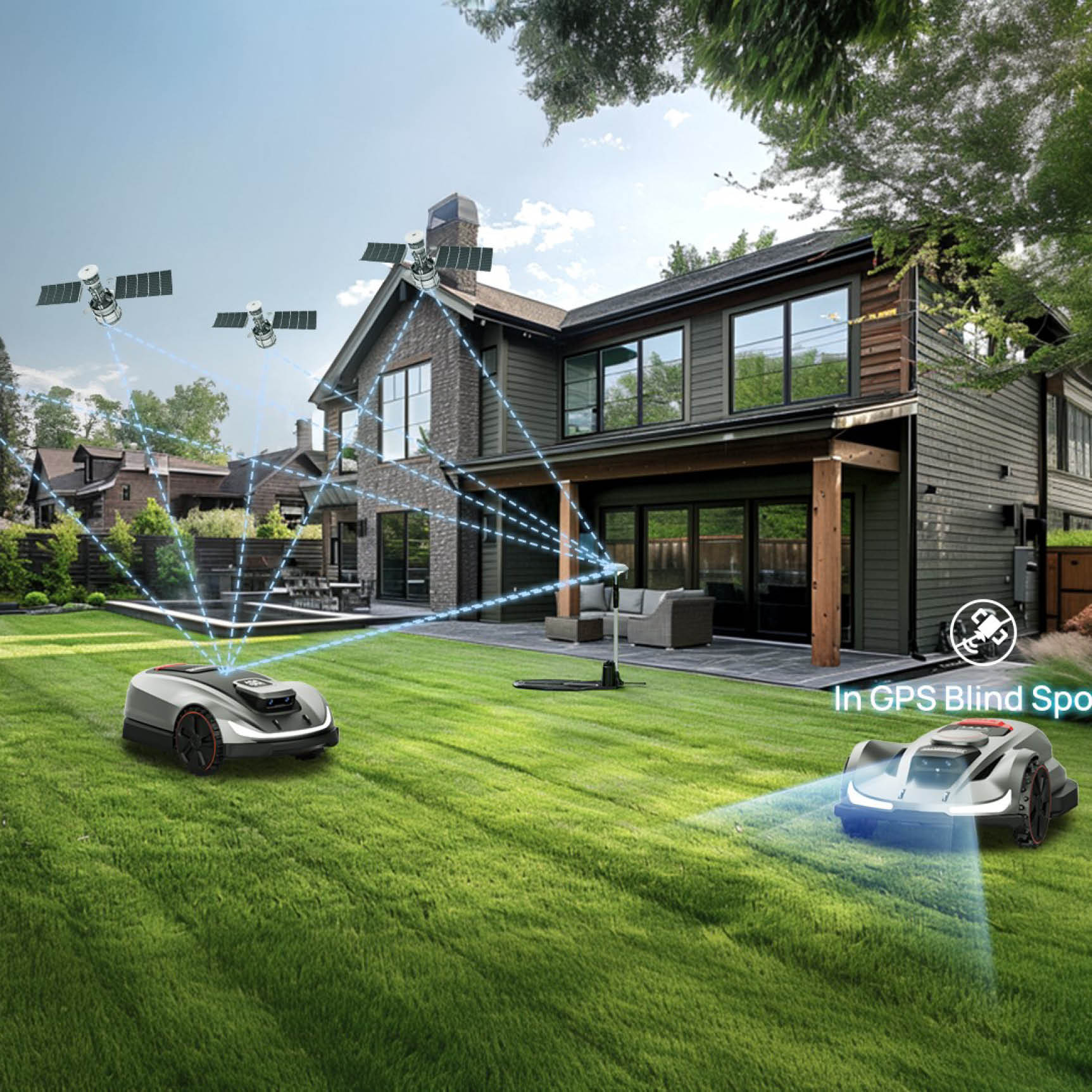 Zwei Sunseeker Mähroboter arbeiten auf einem Rasen vor einem Haus. Einer ist mit GPS-Satelliten verbunden, der andere fährt in einem GPS-freien Bereich.